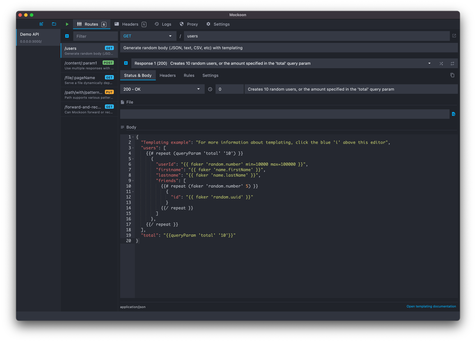 Mockoon desktop app showing the Demo API routes and the templated JSON response body of the GET /users route