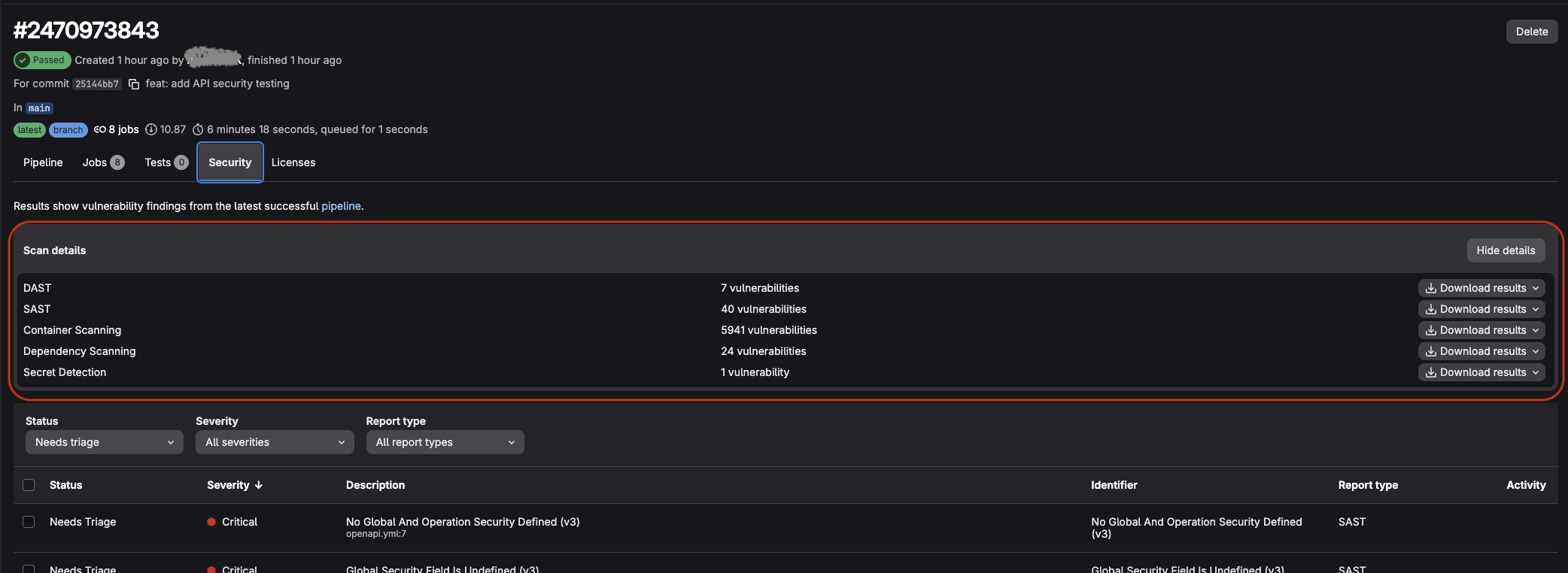 SScan details overview: DAST 7, SAST 40, Container Scanning 5941, Dependency Scanning 24, Secret Detection 1.