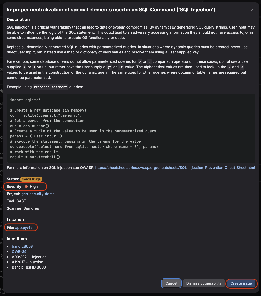 SQL Injection finding detail: severity High, location app.py:41, remediation guidance with code example, and a direct Create issue button.