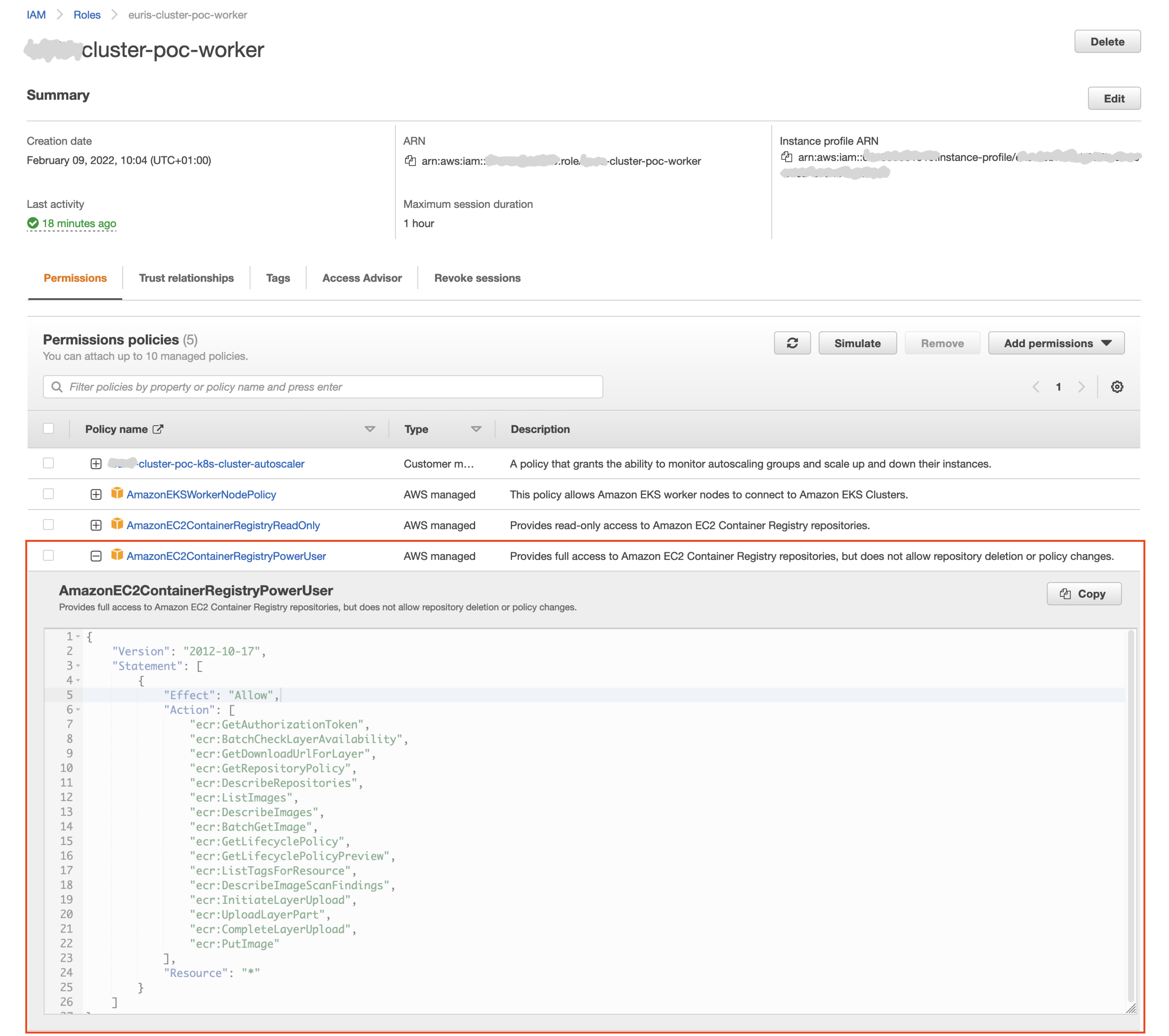 AWS IAM console: the EKS worker node role with the AmazonEC2ContainerRegistryPowerUser policy attached